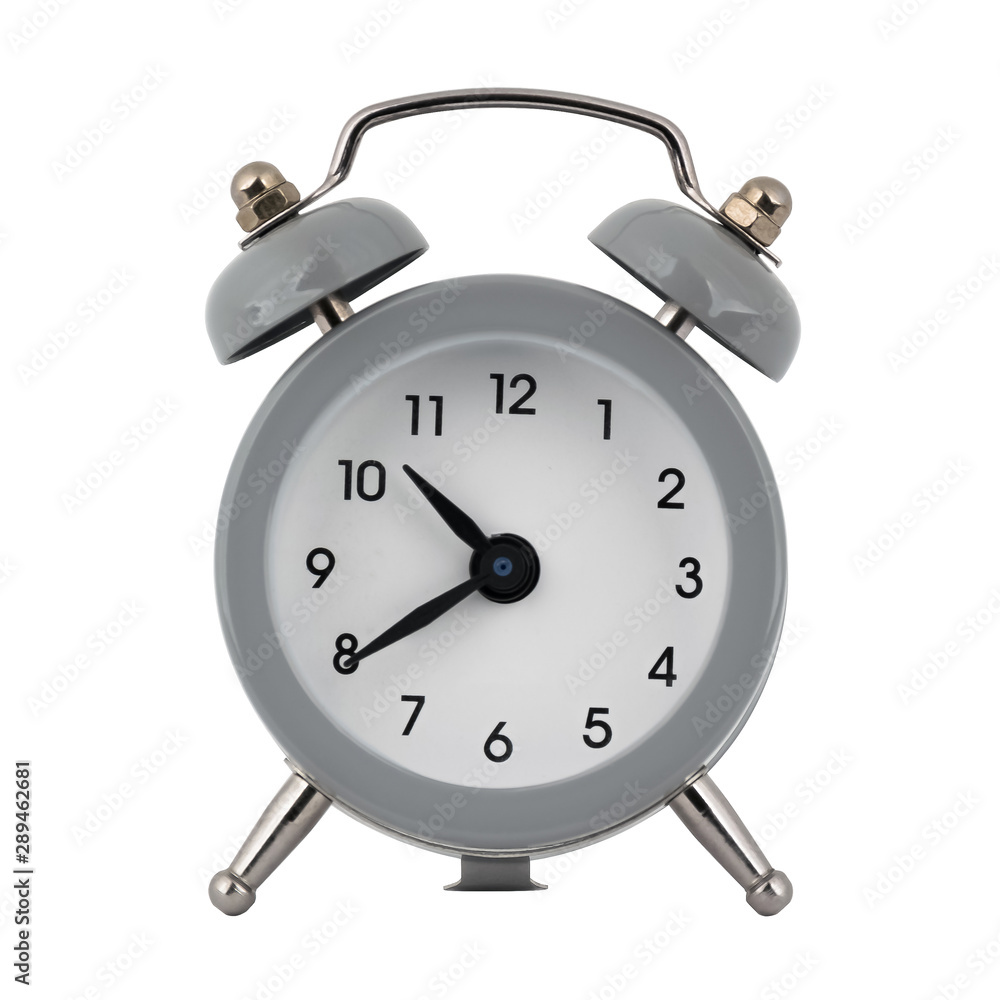 A gray clock with an alarm clock on a white background with arrows showing the time ten hours forty minutes or twenty two hours forty minutes A gray clock with an alarm clock on a white background with arrows showing the time ten hours forty minutes or twenty two hours forty minutes