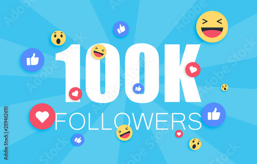 Thank you 100 000 followers background. Congratulating networking thanks, net friends abstract image, customers 100 000k sign. Isolated smiling people, like thumbs up, heart like.