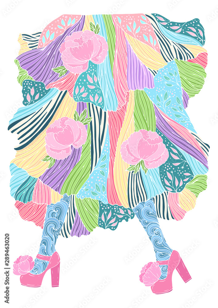 JPEG hand drawn funny color female feet in shoes with high heels and patterned tights and a long patterned skirt. Ornamental cute sweet vivid Design card, print on t-shirt Colored with white lines 