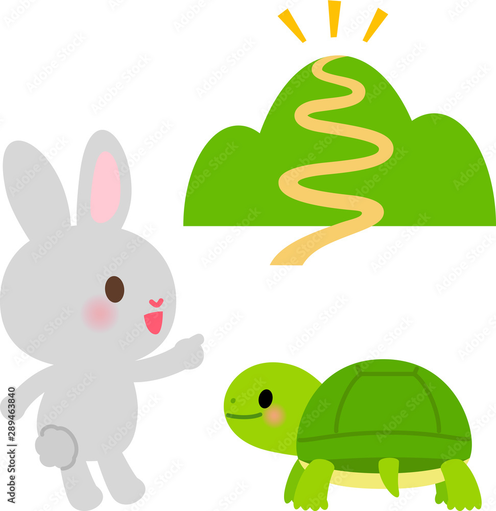 Naklejka premium 山を指さすウサギとカメ
