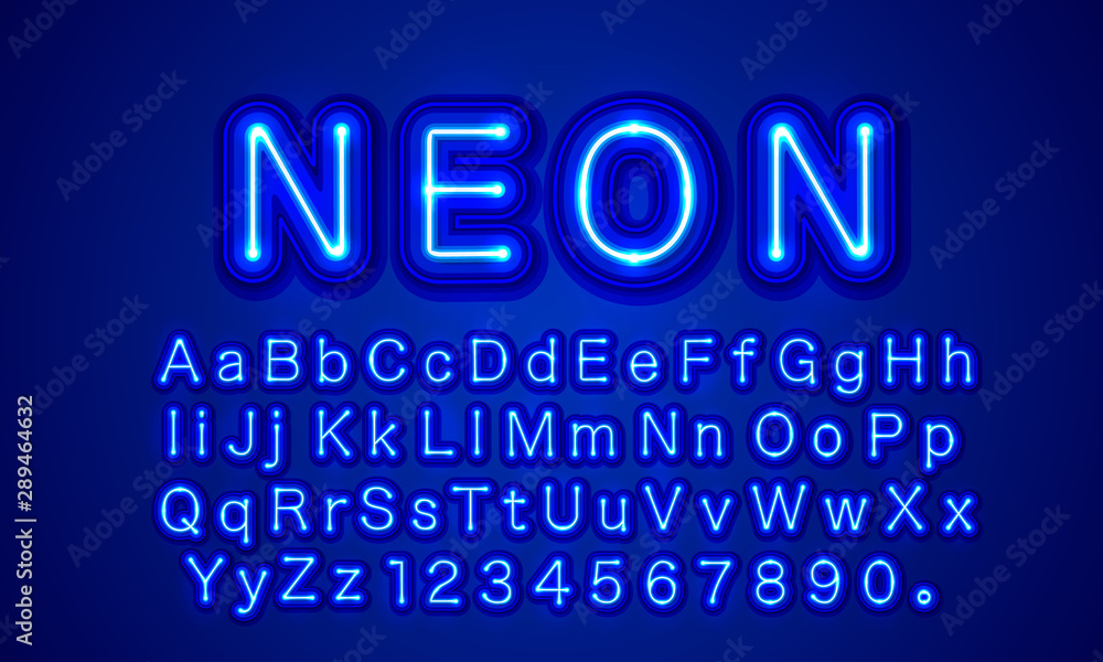 Neon city color blue font. English alphabet and numbers sign. Neon city color blue font. English alphabet and numbers sign.
