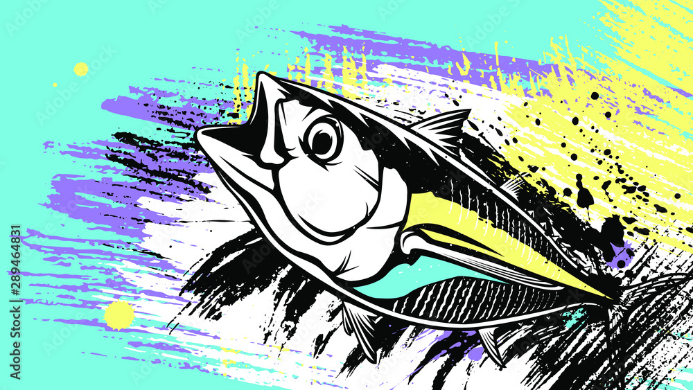 Tuna big fishing on white logo illustration.Water splash. Grunge  background. Paint stains. Stock Vector