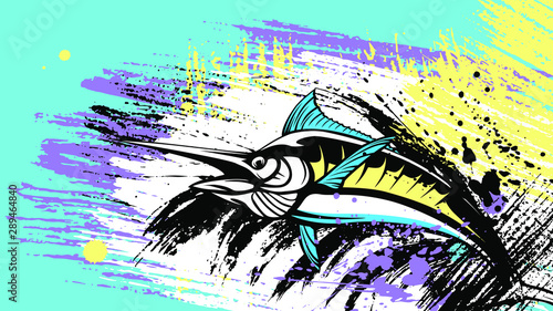 Marlin fish logo.Sword fish fishing emblem for sport club. Angry marlin fishing background theme vector illustration. Water splash. Grunge background. Paint stains.