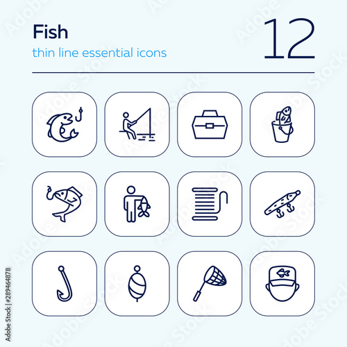 Fishing icon. Set of line icons on white background. Fish, catch, angling, harpoon. Fisherman concept. Vector illustration can be used for topics like leisure, recreation, hobby