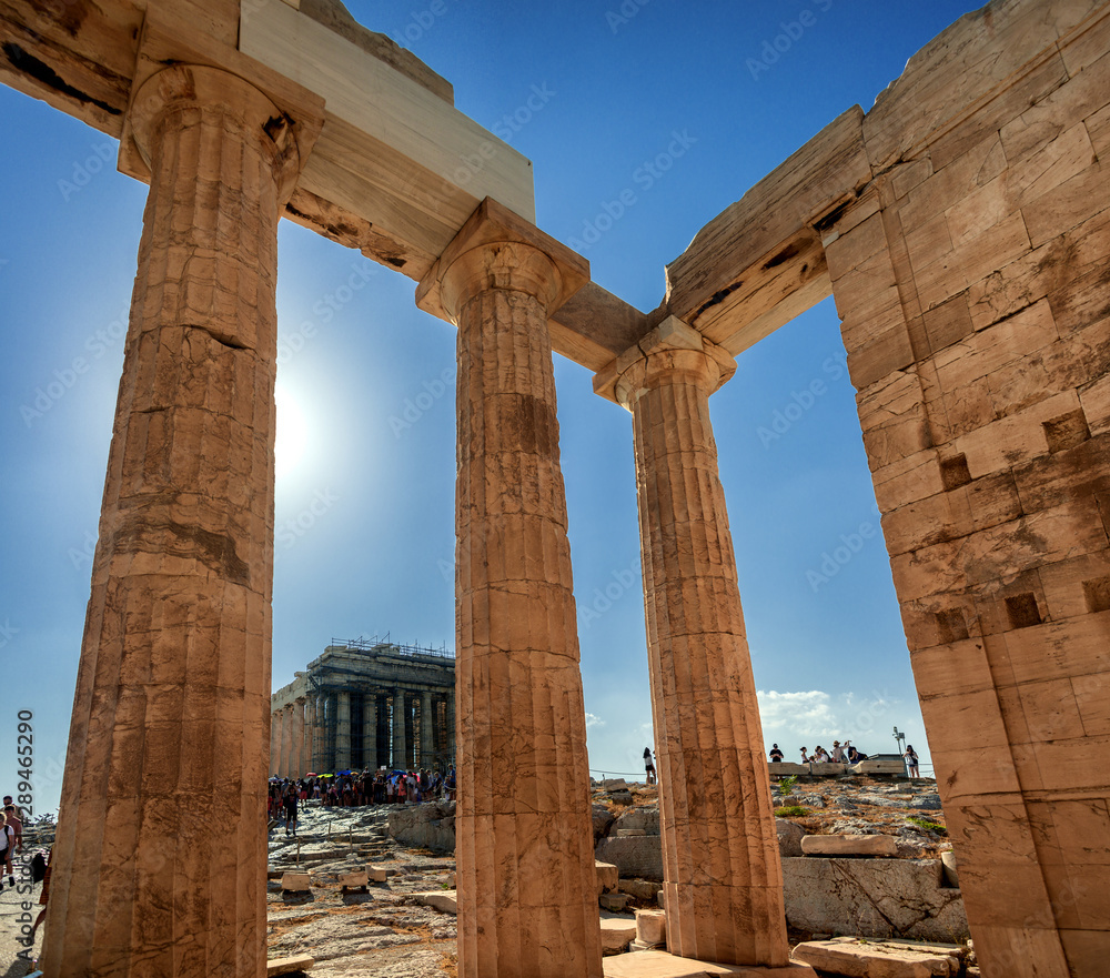 Propylaea on the Acropolis, This ancient entrance to Acropolis is one of the main landmarks of Athens. Classic Greek architecture of Athens in the morning light