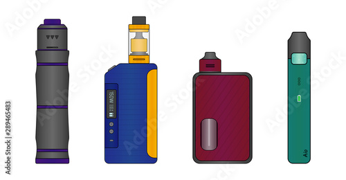 Colorful set of e-cigarettes. Mechanical mod, box mod, squonk mod and pod system. 
