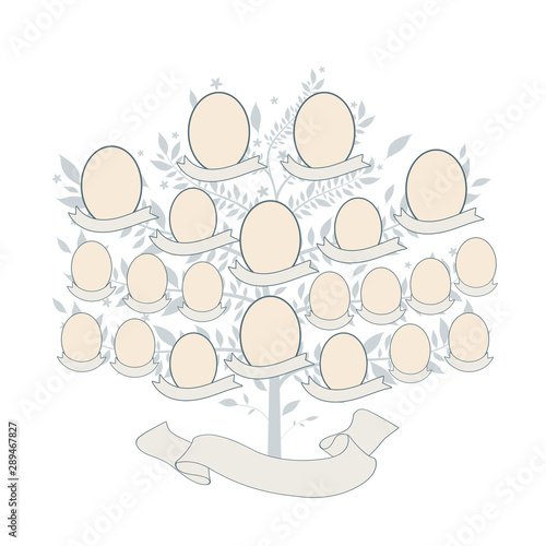 Family tree with frames and text banners isolated on white background