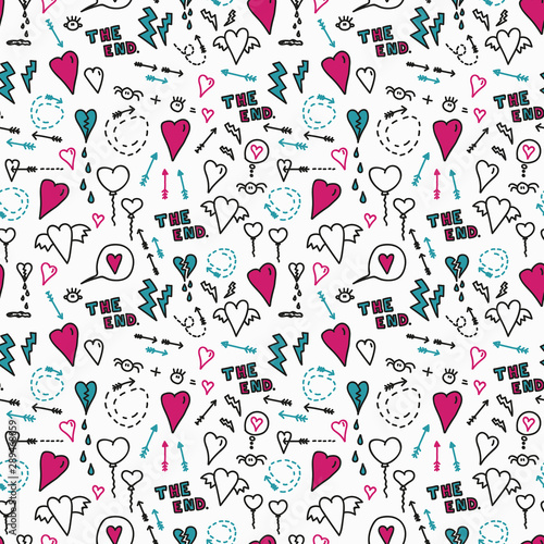 Vector seamless love hate pattern in white. Simple doodle journal drawings made into repeat. Great for background, wallpaper, wrapping paper, packaging, fashion.