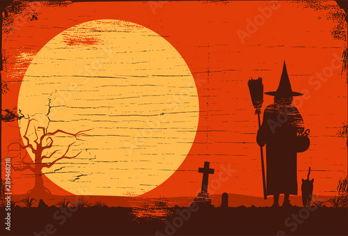 Happy Halloween banner, Silhouette of a witch walking towards sunset on wooden board, Vector Illustration