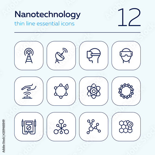 Nanotechnology line icon set. Radar satellite, VR headset, organic molecule. Modern technology concept. Can be used for topics like physics, chemistry, virtual reality