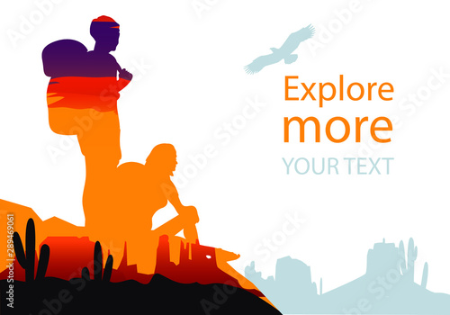Double exposure vector drawing. Couple admiring the mountain