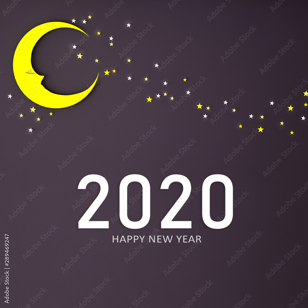 Merry Christmas and Happy New Year 2020,paper art card with moon light ,stars and fireworks on night sky ,illustration,3d rendering, paper art and craft style,work space or copy space wishing card 