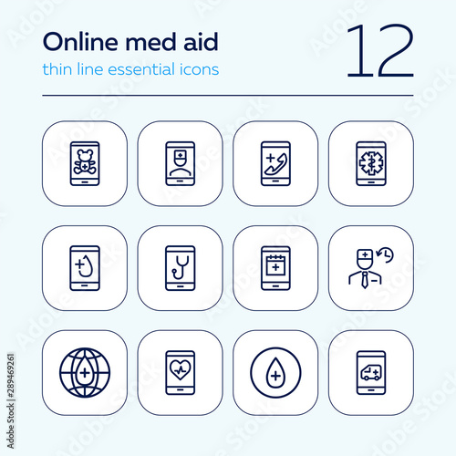 Online med aid icon set. Line icons collection on white background. Smartphone, doctor, gadget. Telemedicine concept. Can be used for topics like interface, healthcare service, medicine