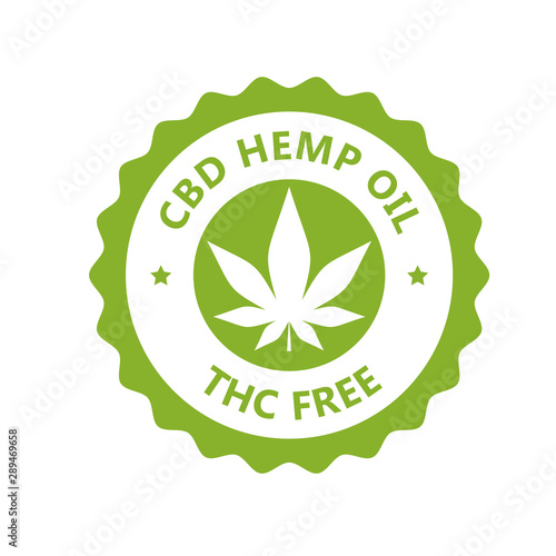CBD hamp oil label, THC free icon, marijuana oil label photo