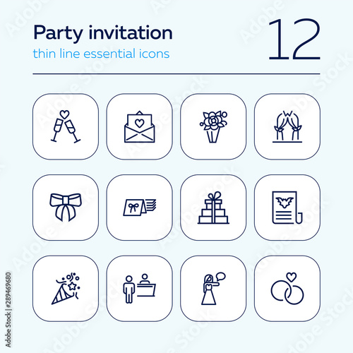Party invitation line icon set. Hostess, card in envelope, clinking flutes. Holiday concept. Can be used for topics like festive event, wedding, celebration