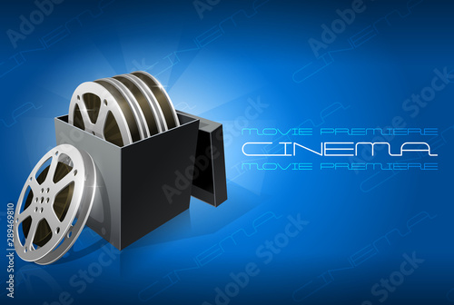 Movie premiere, cinema first opening night, box with tape reels, for film projector