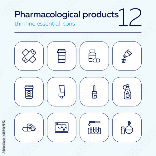 Pharmacological products icon set. Drugstore concept. Vector illustration can be used for topics like apothecary, pharmaceuticals, medicine