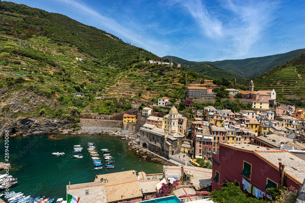 Aerial view of the famous and ancient village of Vernazza. Cinque Terre, National park in Liguria, La Spezia province, Italy, Europe. UNESCO world heritage site