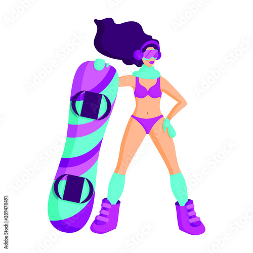 Beautiful girl in a pink swimsuit in snowboard boots and glasses with a snowboard. Opening of the ski and snowboard season.  Flat cartoon vector illustration. Isolated pbject on white background