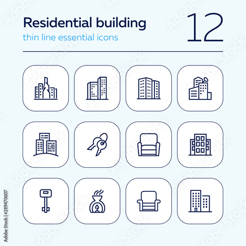 Residential building icons. Set of line icons. Key, residential district, cityscape. Housing development. Vector illustration can be used for topics like mortgage, rent, construction