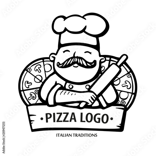 Pizza logo. Hand drawn vector illustration of chef-cooker with a mustache and pizzas. Italian chef logo.