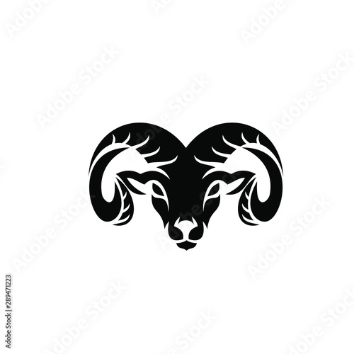 Rams goat head shield sport logo with black color and white background black logo icon designs vector illustration