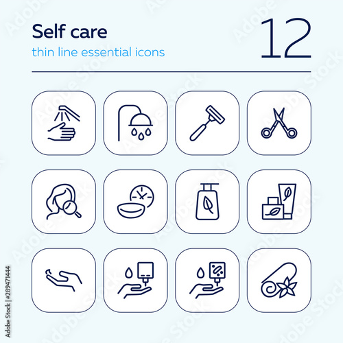 Self care line icon set. Shower, scissors, cream. Beauty care concept. Can be used for topics like hygiene, spa salon, daily routine