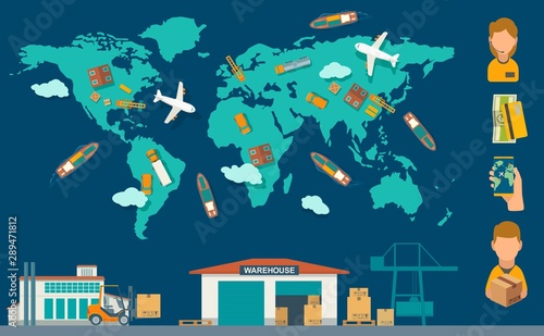 Concept logistic process from factory to warehouse with world map. Vector color flat illustration