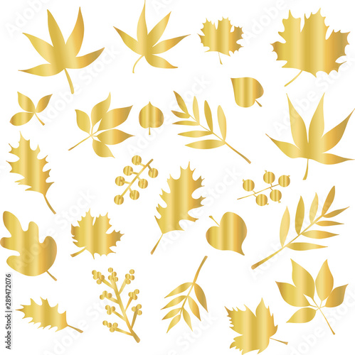 Vector icon set gold foil leaves. Foliage nature leaf isolated elements. Metallic shiny golden floral design for elegant decor, invitation, wedding, celebration, cards, decor, autumn, Thanksgiving