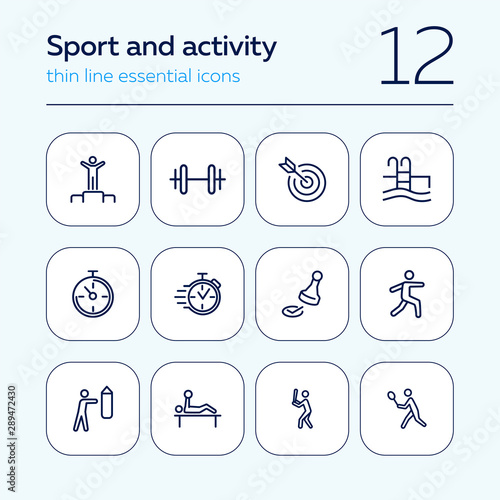 Sport and activity icons. Set of line icons on white background. Stop watch, sportsman. Active lifestyle concept. Vector illustration can be used for topics like competition, swimming, boxing