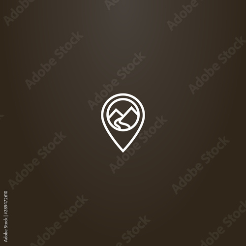 white sign on a black background. simple vector line art sign of a mountain landscape in map mark