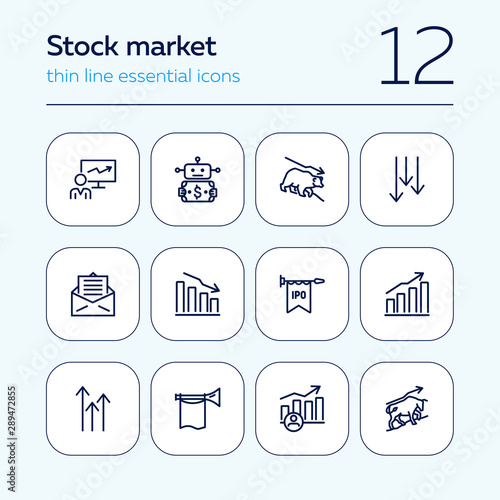 Stock market line icon set. Bear, bull, trader, IPO, charts. Finance concept. Can be used for topics like investment, assets, trading