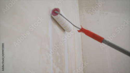 Background of paint roller standing against blank white wall. Lubricates the wall with a primer. A worker fills the wall with a white primer. Paint roller and primer.
