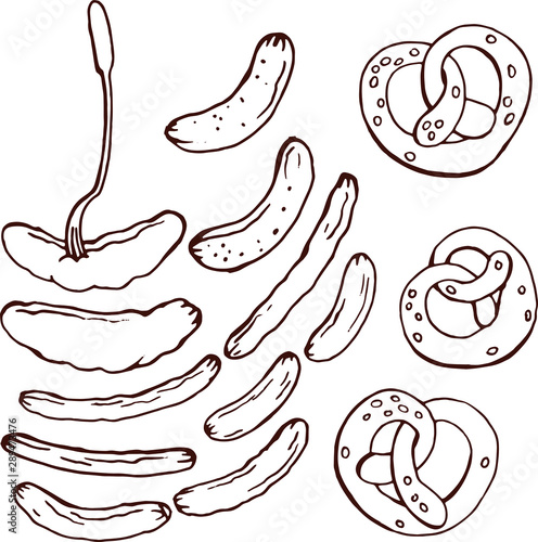 Vector set with sausages , pretzels and fork. Isolated on white hand drawn linear elements for food design. October fest