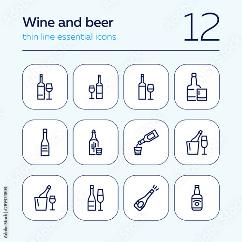 Wine and beer line icon set. Set of line icons on white background. Alcohol concept. Bottle, glass, wine, beer. Vector illustration can be used for topics like bar, alcohol, restaurant