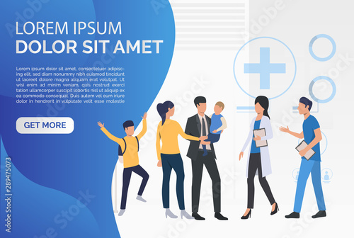 Family consulting doctor webpage. Hospital, children, healthcare. Family doctor concept. Vector illustration for website, landing page, online store