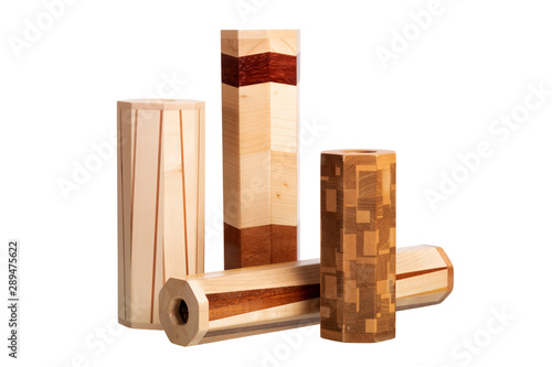 Decorative wooden products on an isolated white background.