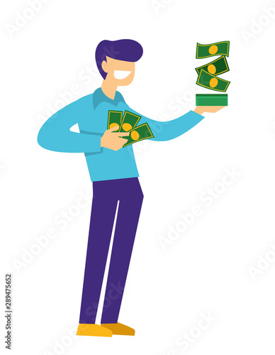 Millionaire or rich man holding dollar bills in stacks, money prize