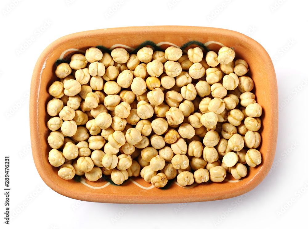 Chickpeas in clay pot, bowl isolated on white background, top view Chickpeas in clay pot, bowl isolated on white background, top view