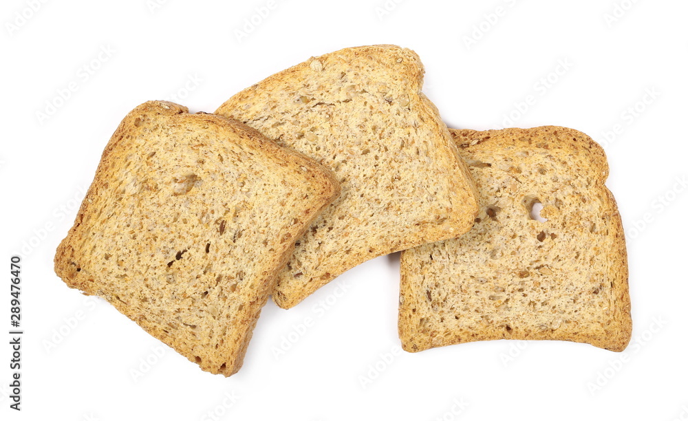 Rye toast slices with seeds isolated on white background, top view