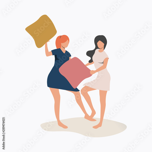 Women fighting with pillows. Friends, communication, dancing. Women friendship concept. Vector illustration for website, landing page, online store