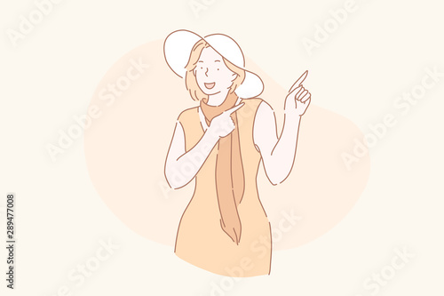 Promotion, marketing, advertisement concept. A young woman or girl points away with both fore fingers, shows blank space for your promotion. Vector flat design.