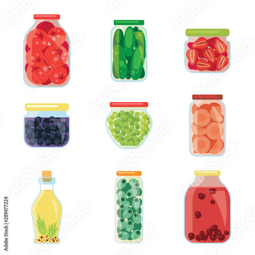 Set of cute flat homemade kitchen conservation fruits and vegetables.
