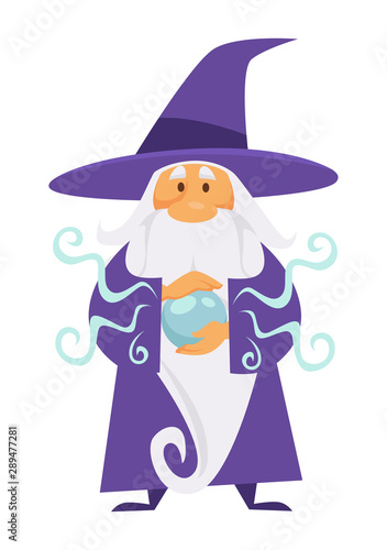 Wizard or magician, witchcraft and crystal ball, isolated fairytale character