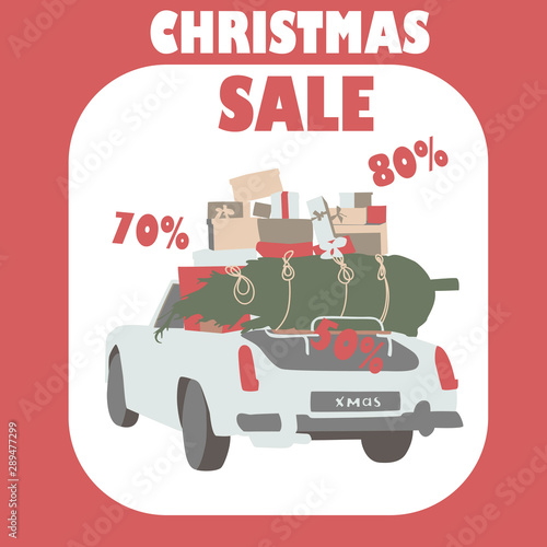 Christmas Sale Design Template. christmas invitation and greeting template. vintage cartoon car. business shopping gift voucher  customer sale promotion  layout  banner web design vector illustration