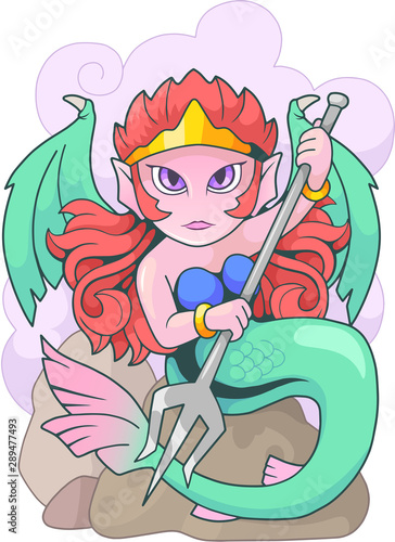 cartoon cute mermaid with a trident in his hands, funny illustration