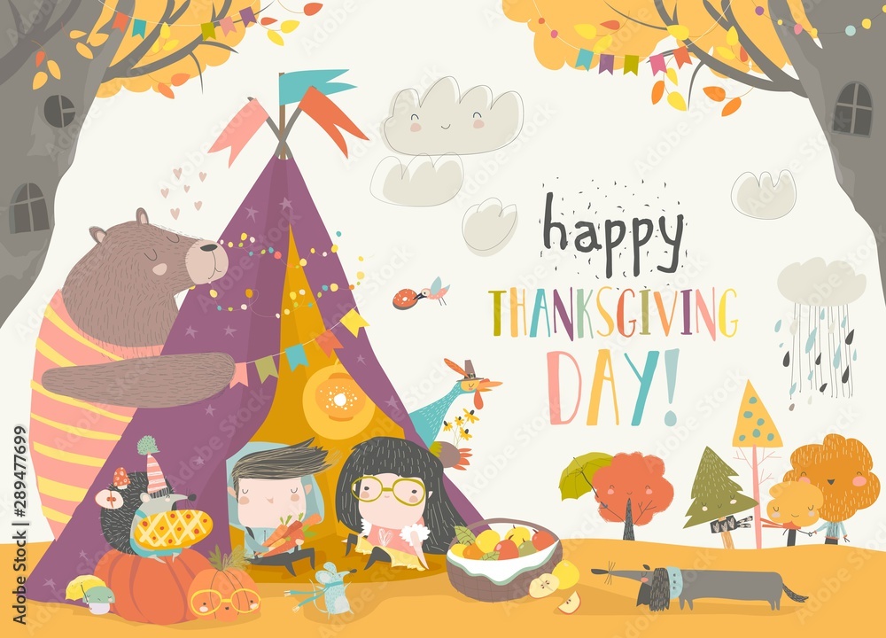 Naklejka premium Cute kids celebrating Thanksgiving day with animals in a teepee tent