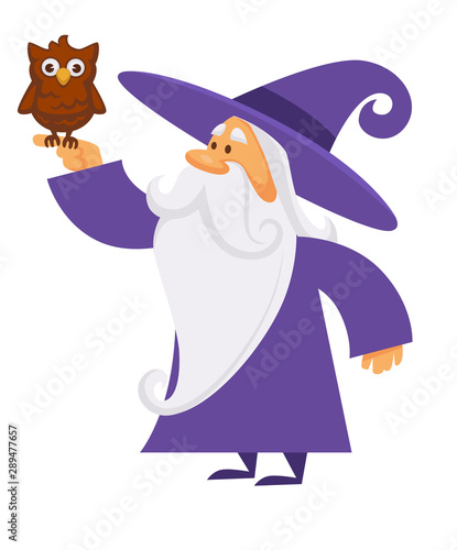 Owl bird on hand of wizard making magic, isolated character