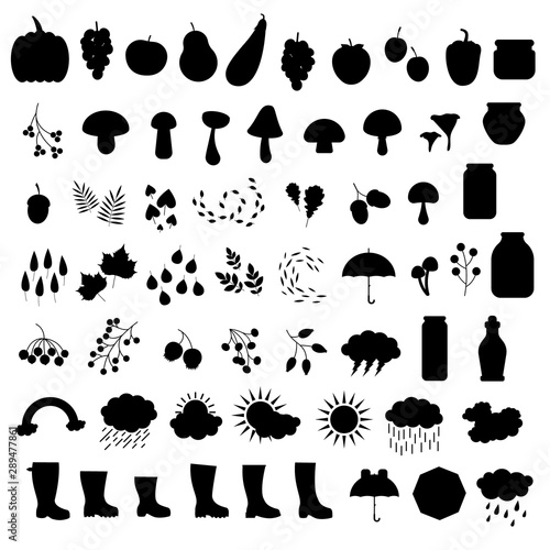 Big collection of autumn symbols silhouettes  mushrooms  leaves  food  umbrella  rubber boots  rainy weather. 