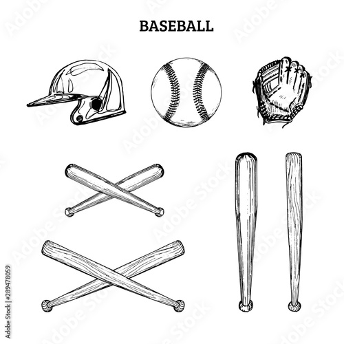 Vector illustration of baseball equipment. Set of drawn sporting goods on a white background.